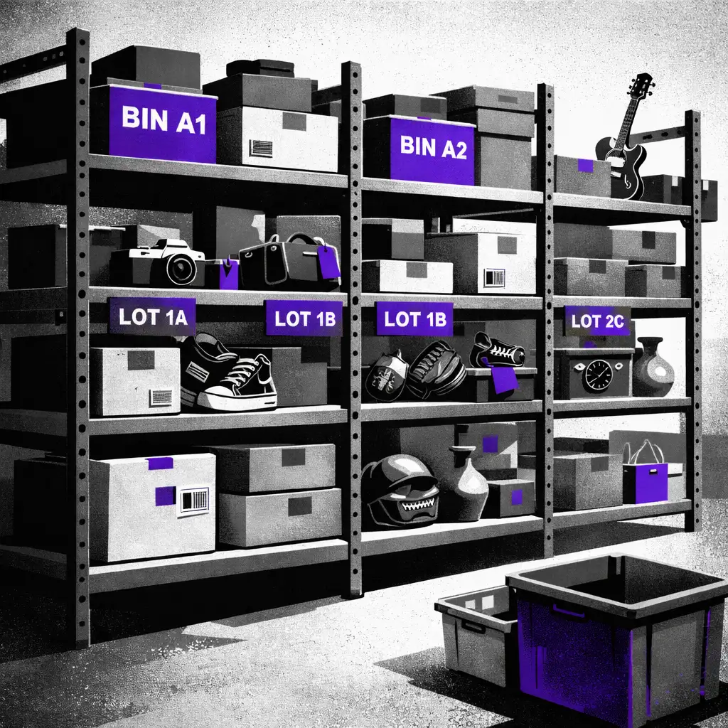 Warehouse bin location tracking for auction items